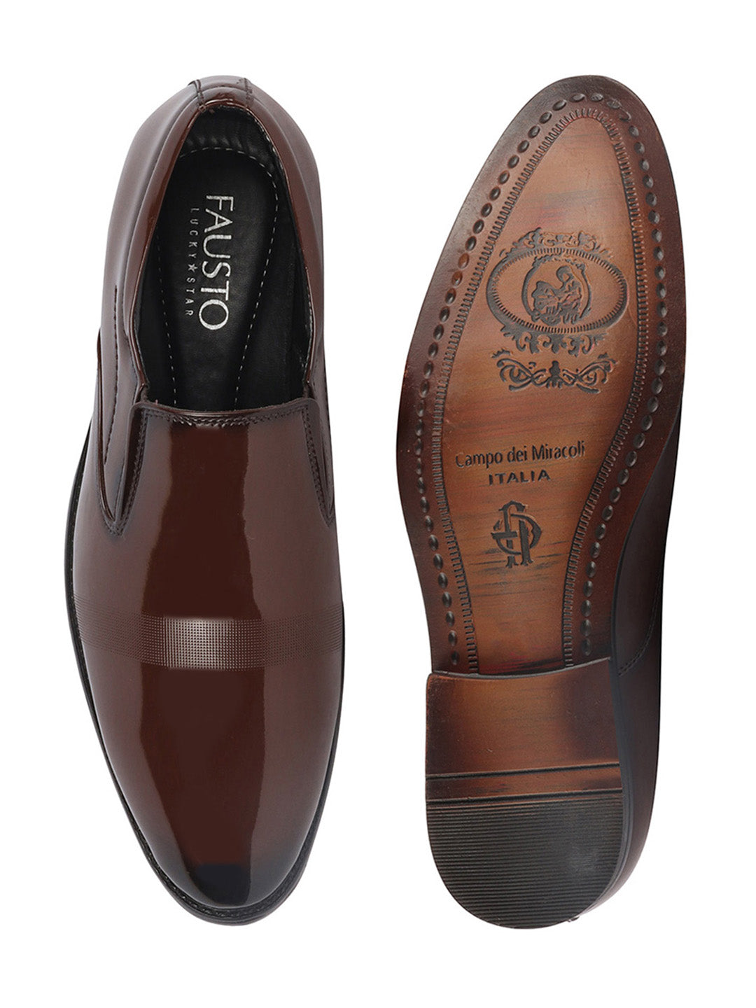 Shop Men Tan Patent Leather Party Formal Textured Strip Slip On Shoes Online.