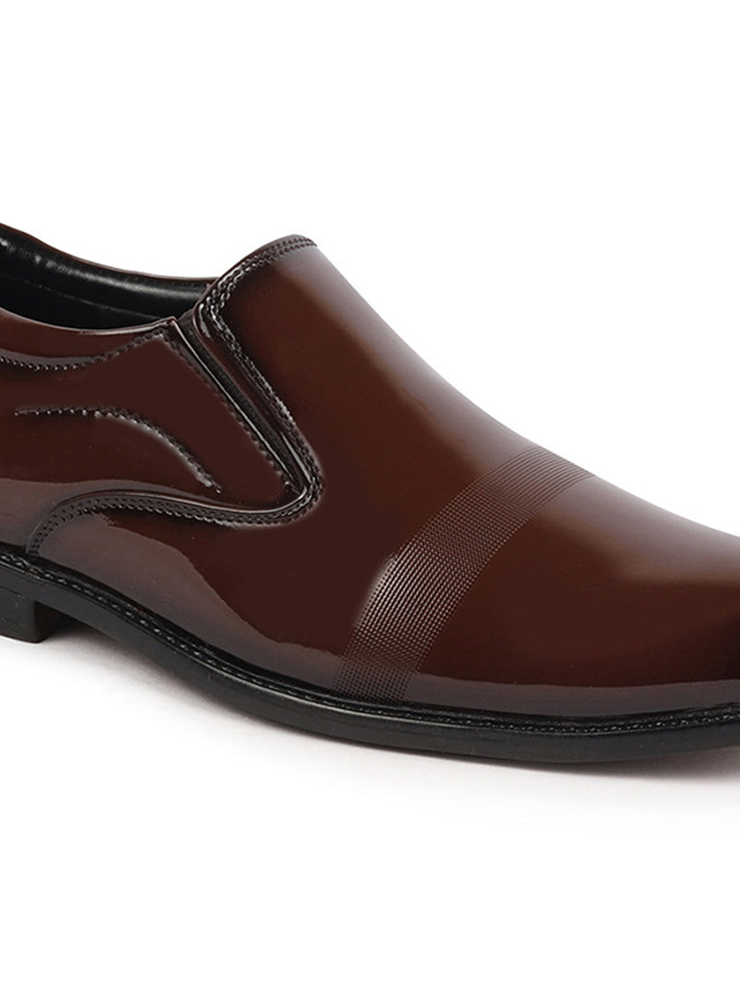 Shop Men Tan Patent Leather Party Formal Textured Strip Slip On Shoes Online.