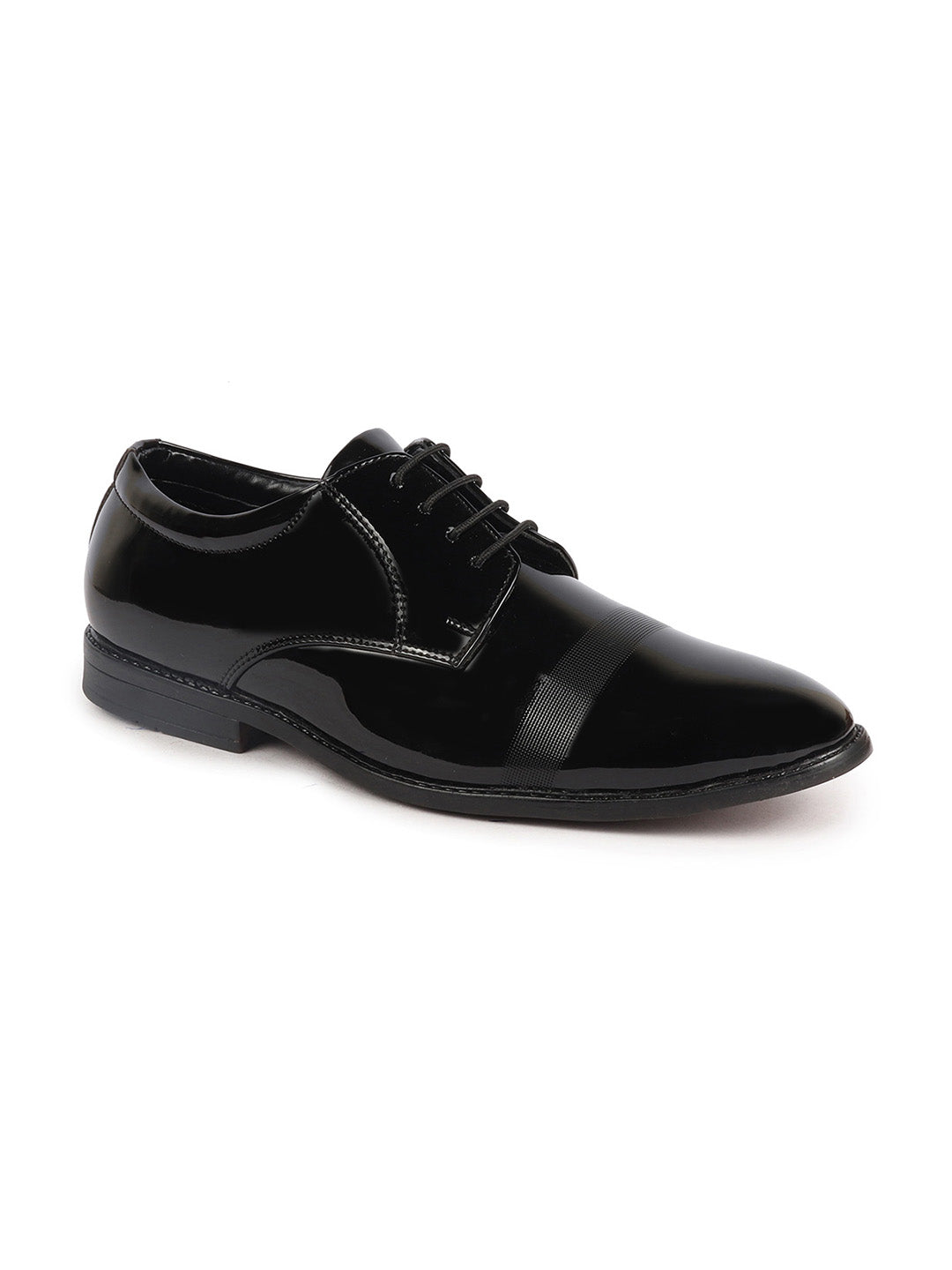 Shop Men Black Patent Leather Party Formal Textured Strip Lace Up Shoes Online.