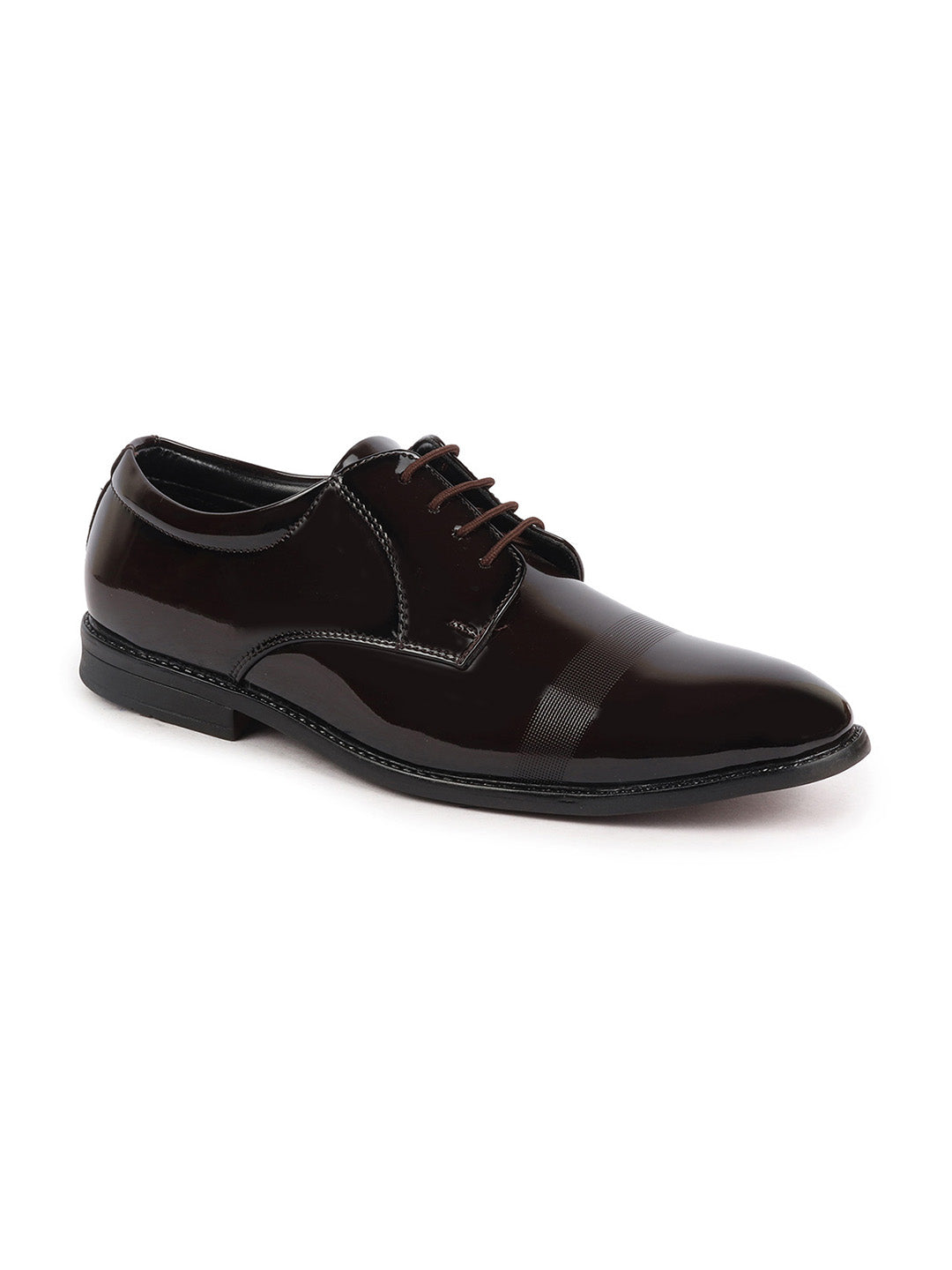 shop men brown patent leather party formal textured strip lace up shoes online.