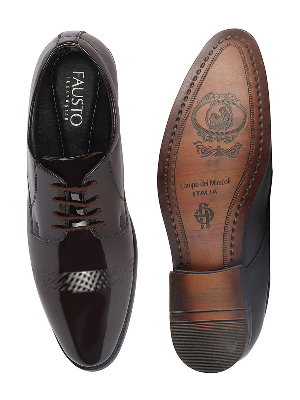 shop men brown patent leather party formal textured strip lace up shoes online.