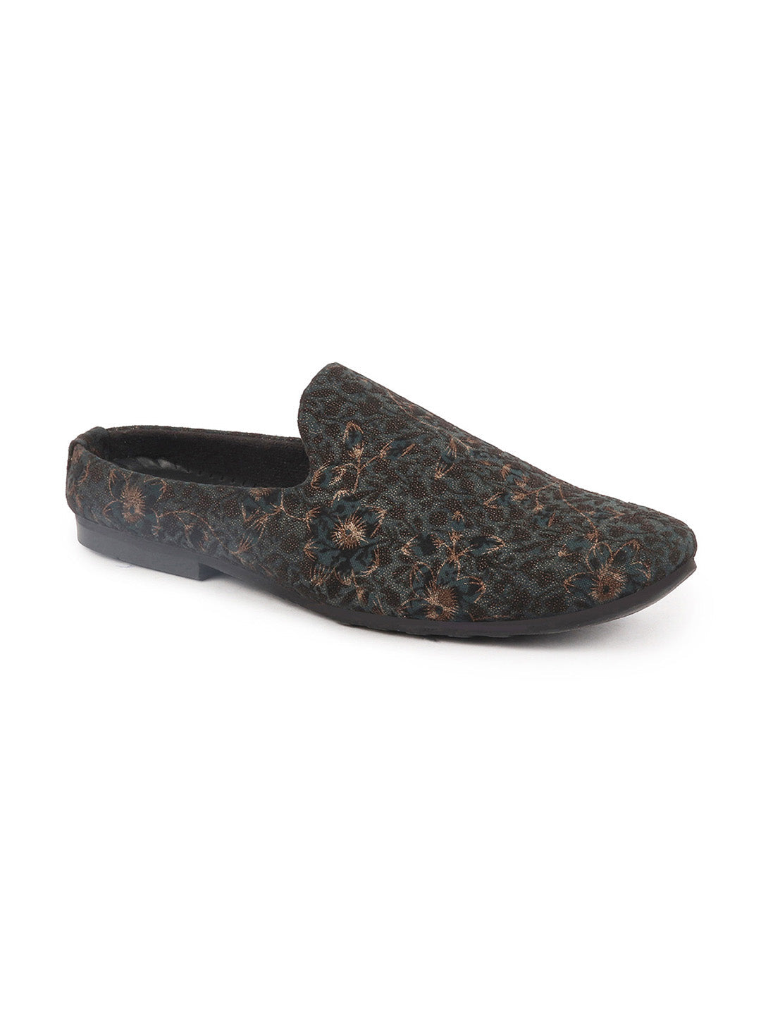 Shop Men Brown Floral Print Embellish Ethnic Wedding Party Back Open Slip on Shoes Online.