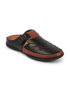 men black back open laser cut design slip on sandal with ankle strap