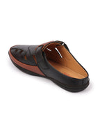 men black back open laser cut design slip on sandal with ankle strap