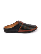 men black back open laser cut design slip on sandal with ankle strap