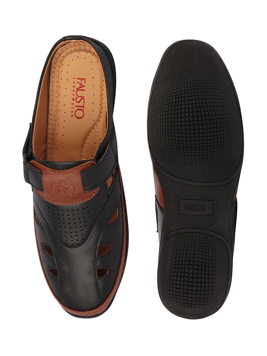 men black back open laser cut design slip on sandal with ankle strap