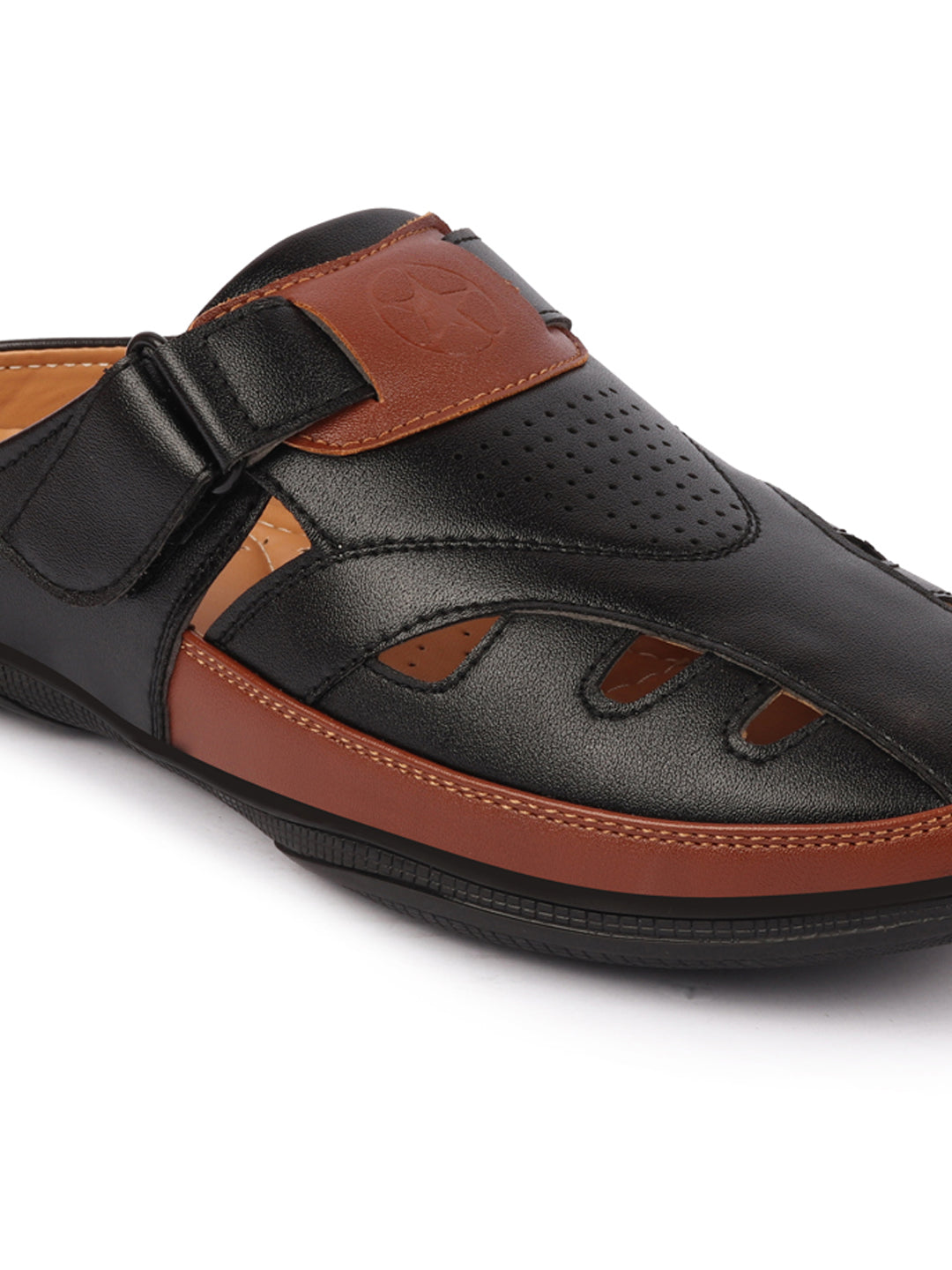 men black back open laser cut design slip on sandal with ankle strap