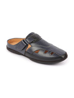 men blue back open laser cut design slip on sandal with ankle strap