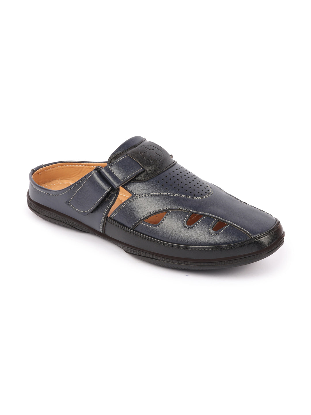 men blue back open laser cut design slip on sandal with ankle strap