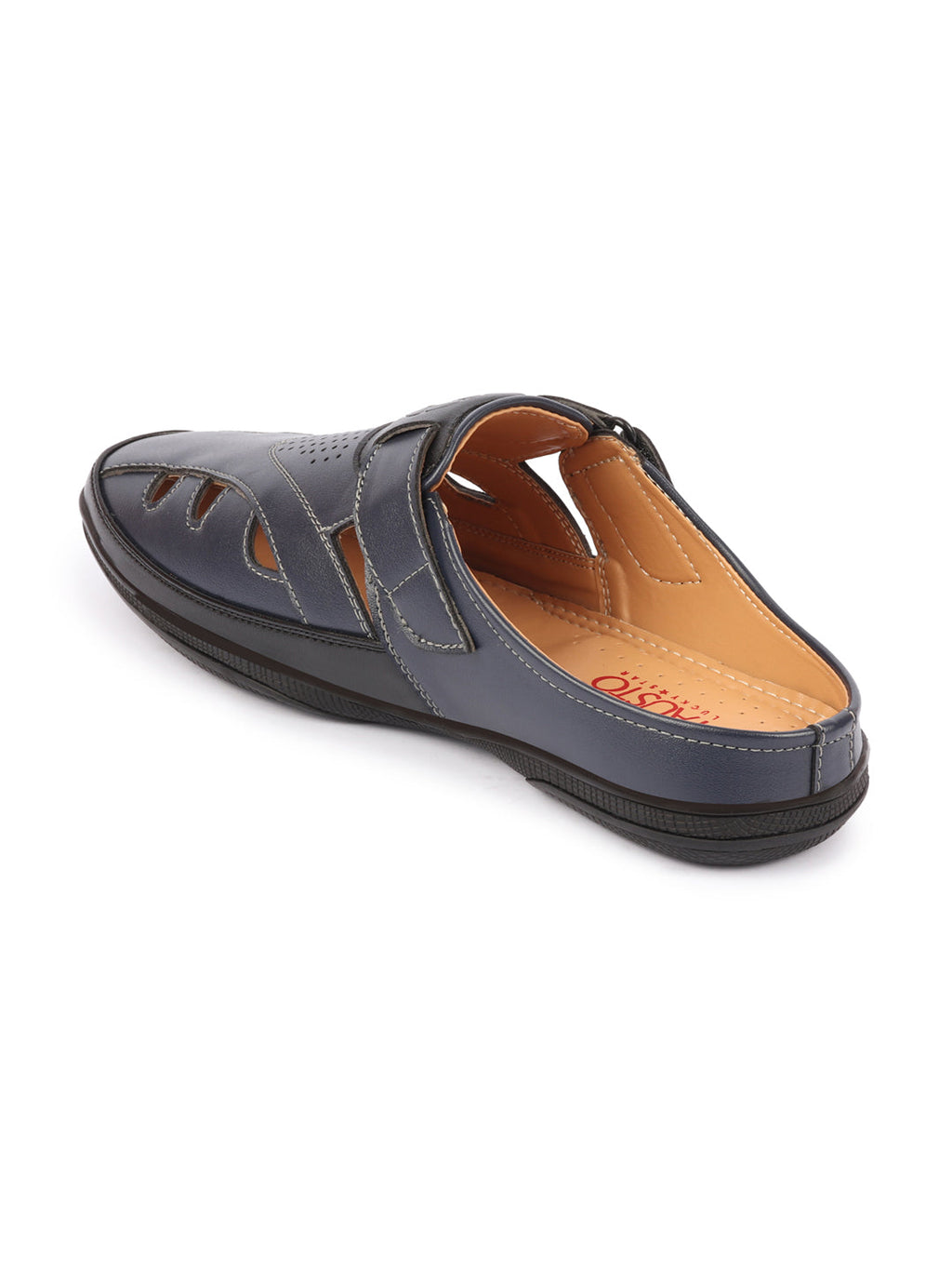men blue back open laser cut design slip on sandal with ankle strap