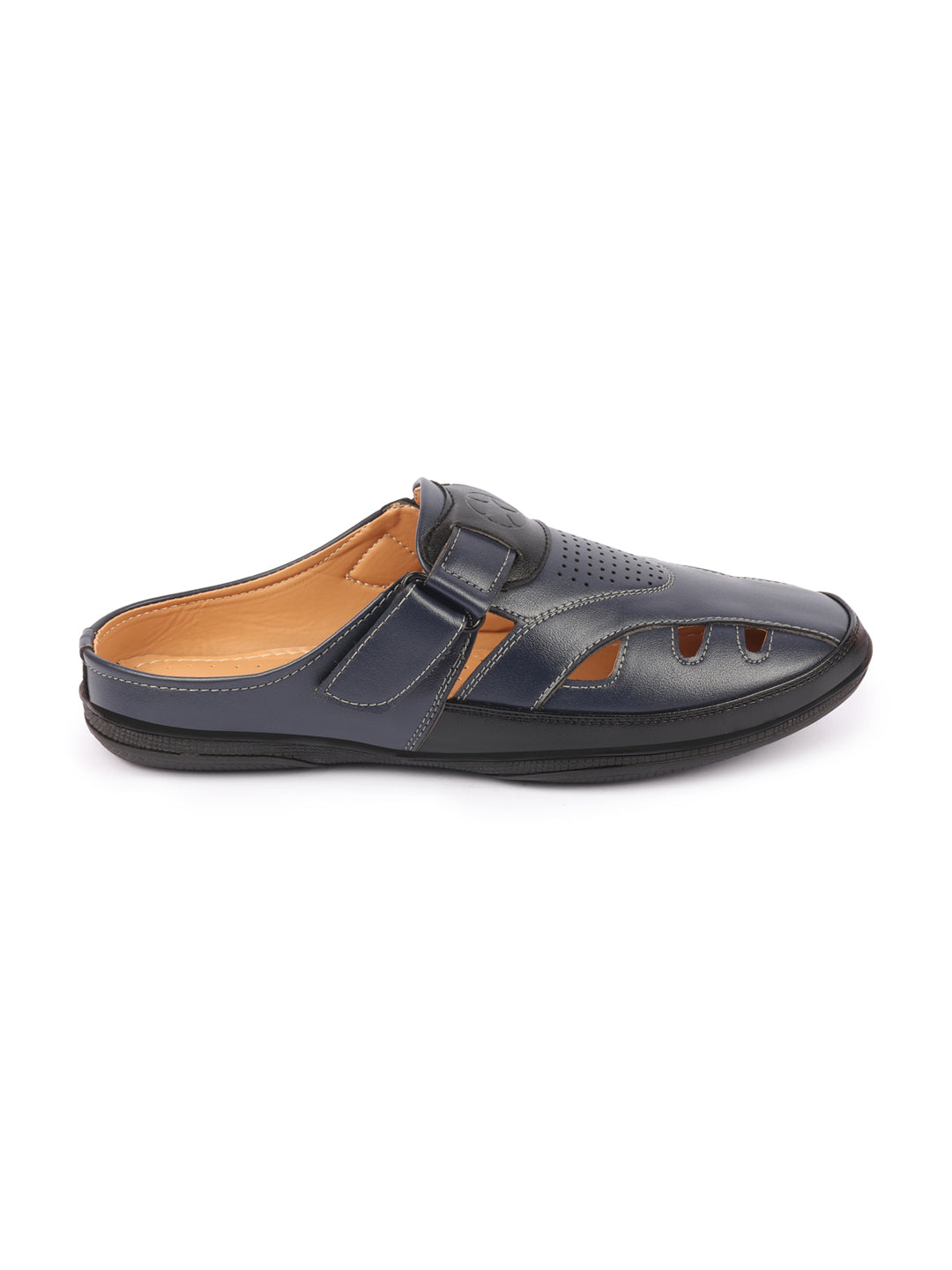 men blue back open laser cut design slip on sandal with ankle strap