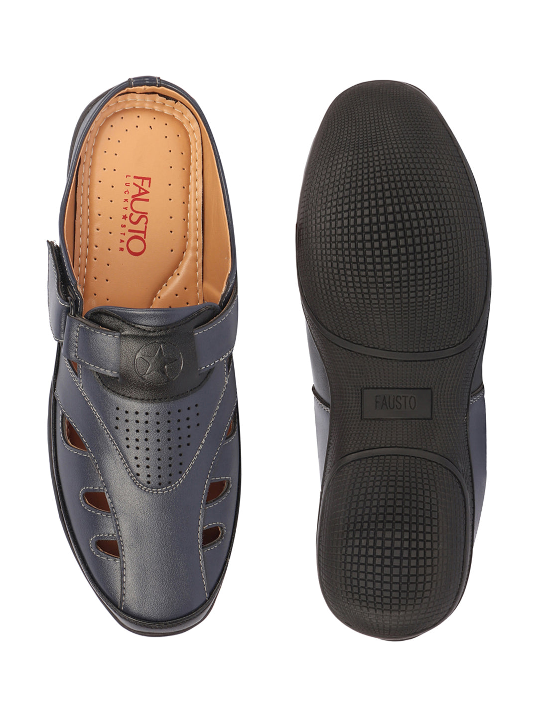 men blue back open laser cut design slip on sandal with ankle strap
