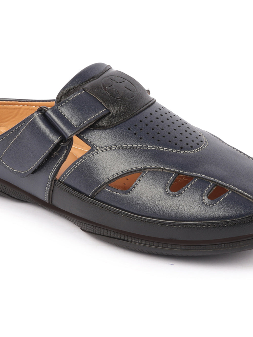 men blue back open laser cut design slip on sandal with ankle strap