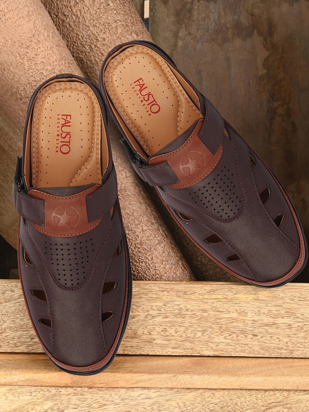 Men Brown Back Open Laser Cut Design Slip On Sandal with Ankle Strap