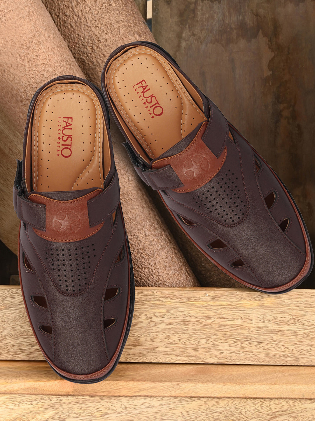 Men Brown Back Open Laser Cut Design Slip On Sandal with Ankle Strap
