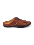 men tan back open laser cut design slip on sandal with ankle strap