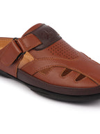 men tan back open laser cut design slip on sandal with ankle strap