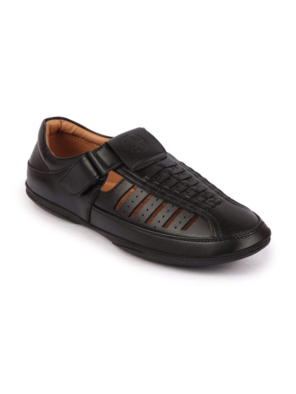 Shop Men Black Laser Cut and Stitched Design Roman Sandal with Buckle Strap Online.