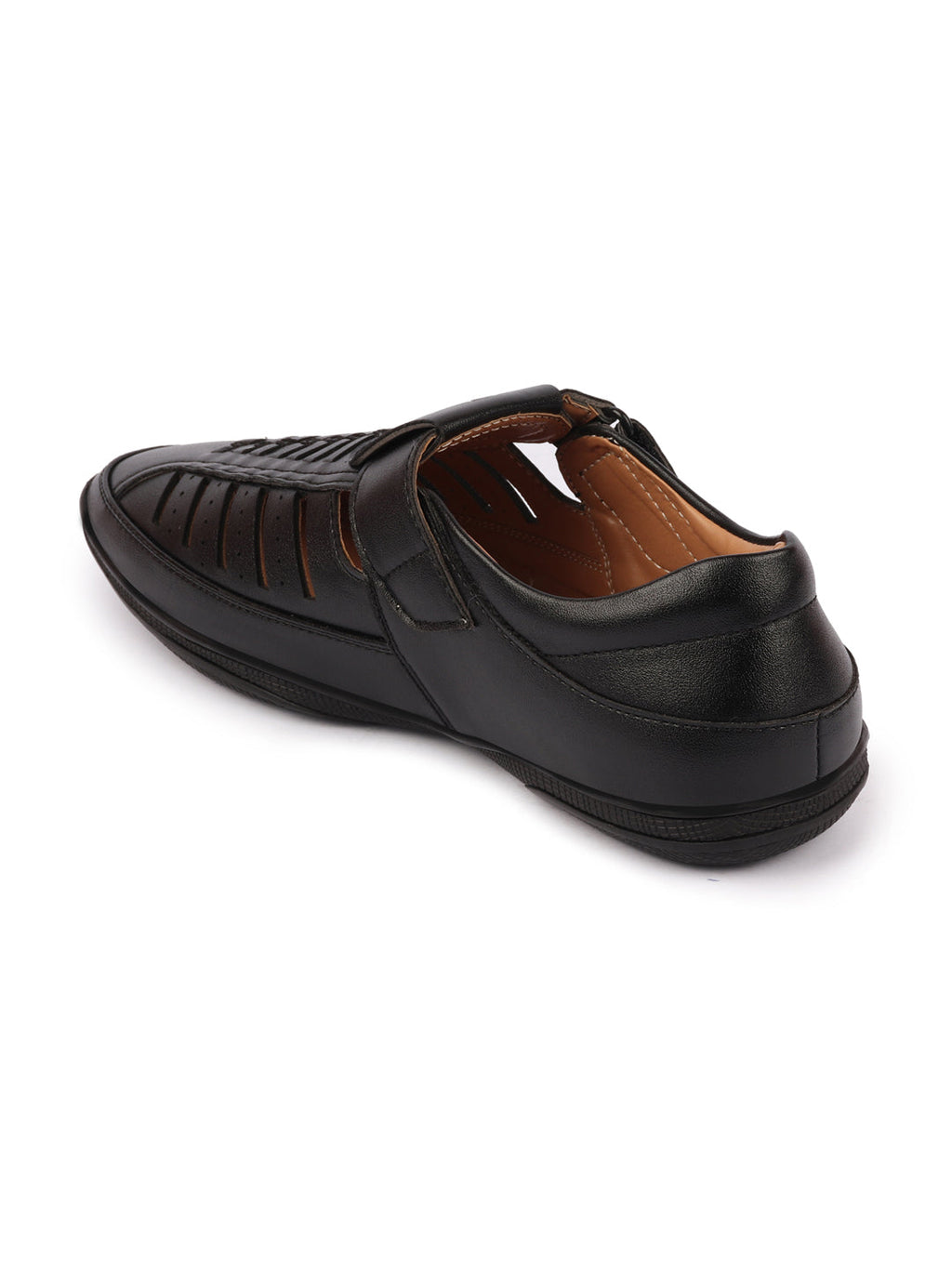 Shop Men Black Laser Cut and Stitched Design Roman Sandal with Buckle Strap Online.