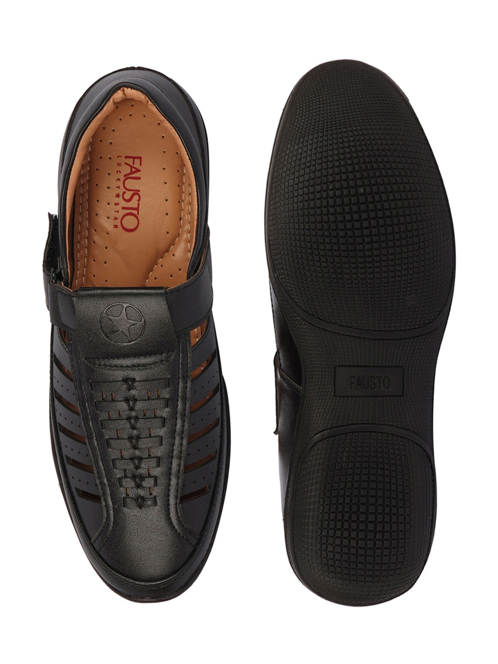 Shop Men Black Laser Cut and Stitched Design Roman Sandal with Buckle Strap Online.