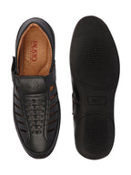 Shop Men Black Laser Cut and Stitched Design Roman Sandal with Buckle Strap Online.