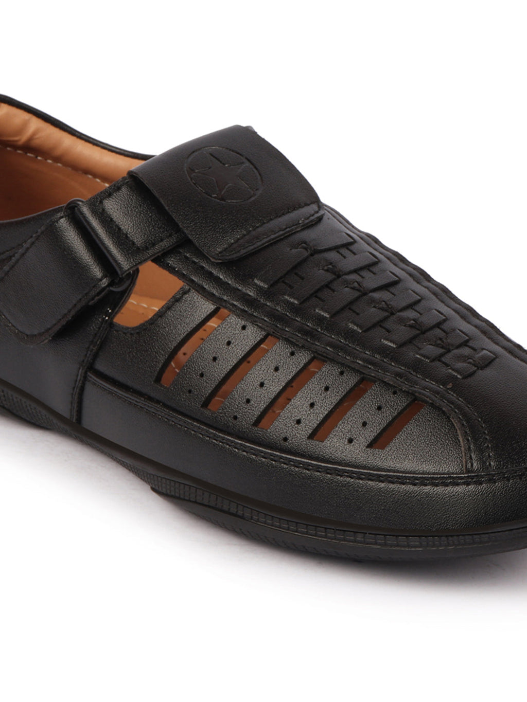 Shop Men Black Laser Cut and Stitched Design Roman Sandal with Buckle Strap Online.