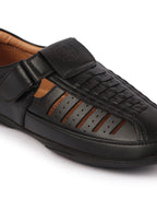 Shop Men Black Laser Cut and Stitched Design Roman Sandal with Buckle Strap Online.