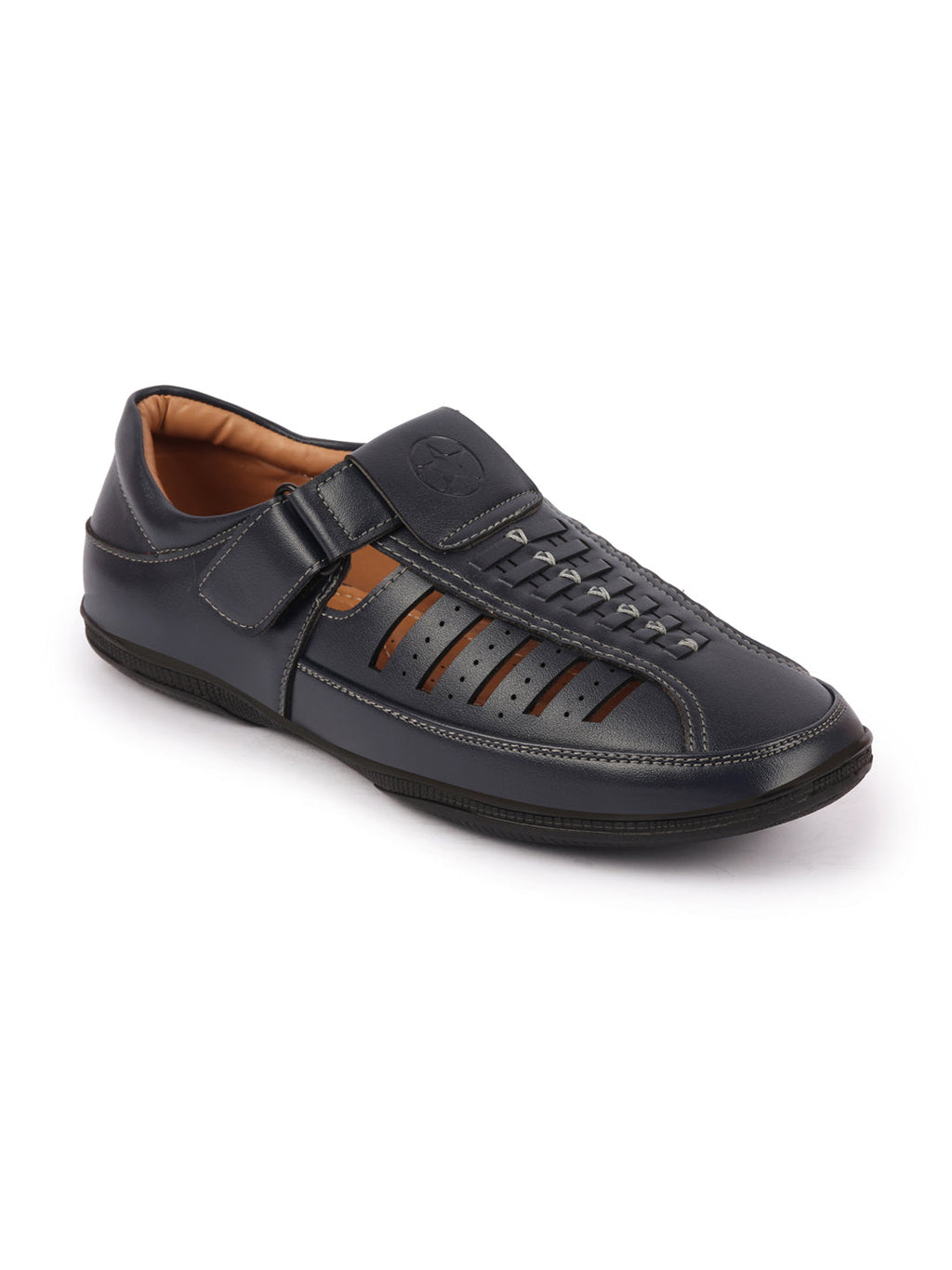 Shop Men Blue Laser Cut and Stitched Design Roman Sandal with Buckle Strap Online.