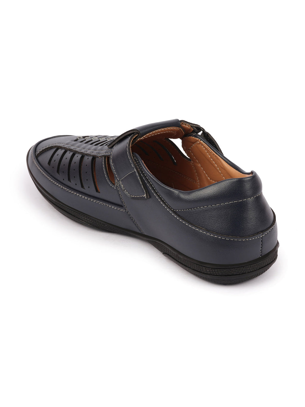 Shop Men Blue Laser Cut and Stitched Design Roman Sandal with Buckle Strap Online.