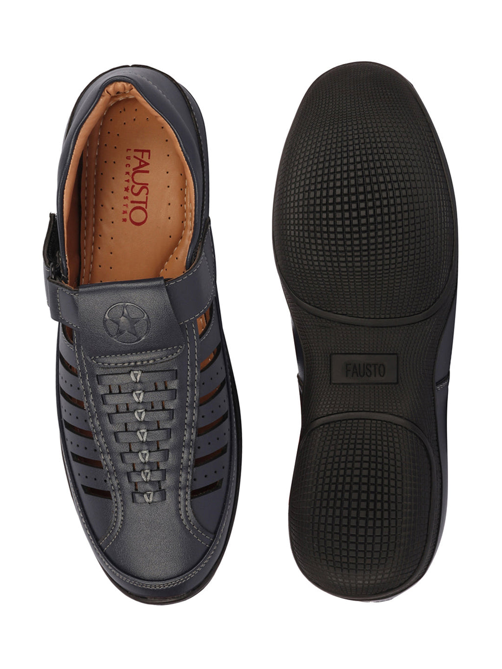 Shop Men Blue Laser Cut and Stitched Design Roman Sandal with Buckle Strap Online.