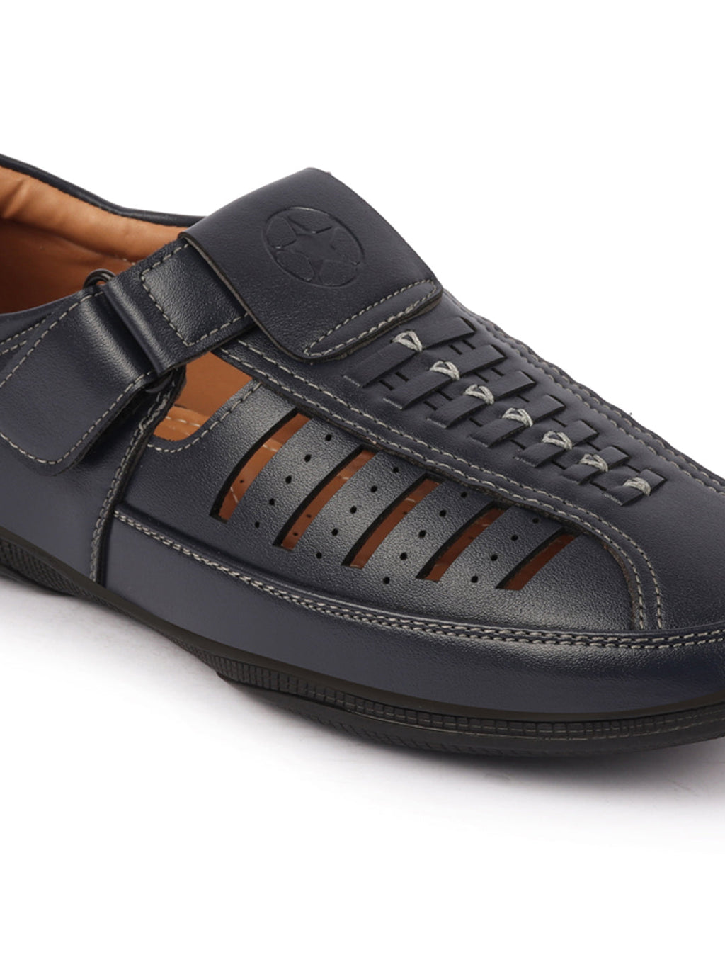 Shop Men Blue Laser Cut and Stitched Design Roman Sandal with Buckle Strap Online.