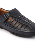 Shop Men Blue Laser Cut and Stitched Design Roman Sandal with Buckle Strap Online.