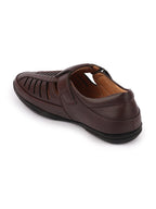 Shop Men Brown Laser Cut and Stitched Design Roman Sandal with Buckle Strap Online.