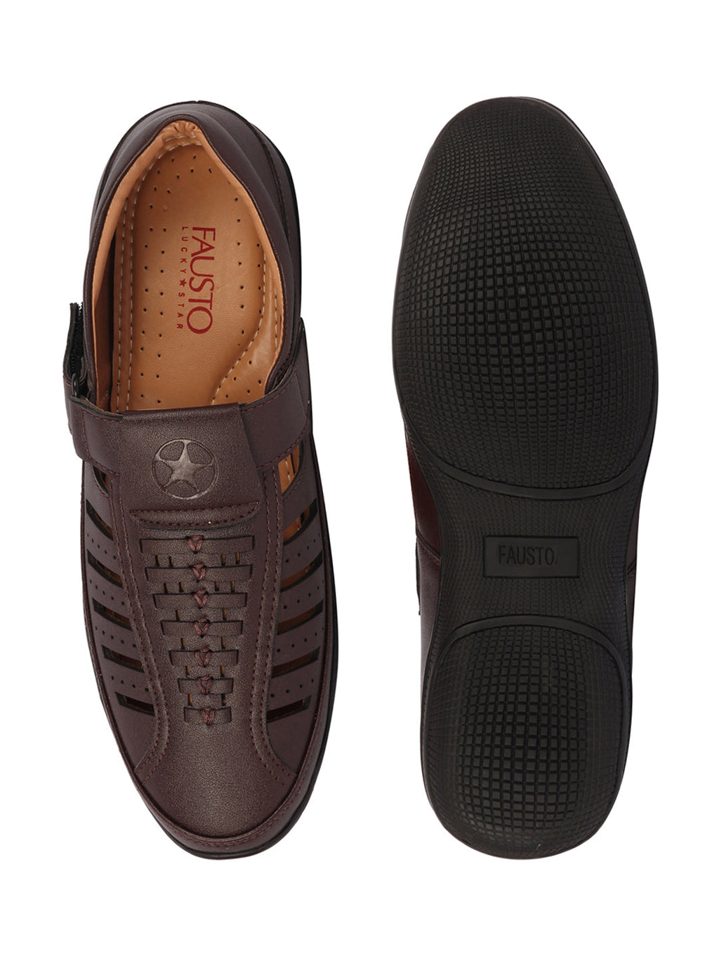 Shop Men Brown Laser Cut and Stitched Design Roman Sandal with Buckle Strap Online.