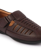 Shop Men Brown Laser Cut and Stitched Design Roman Sandal with Buckle Strap Online.