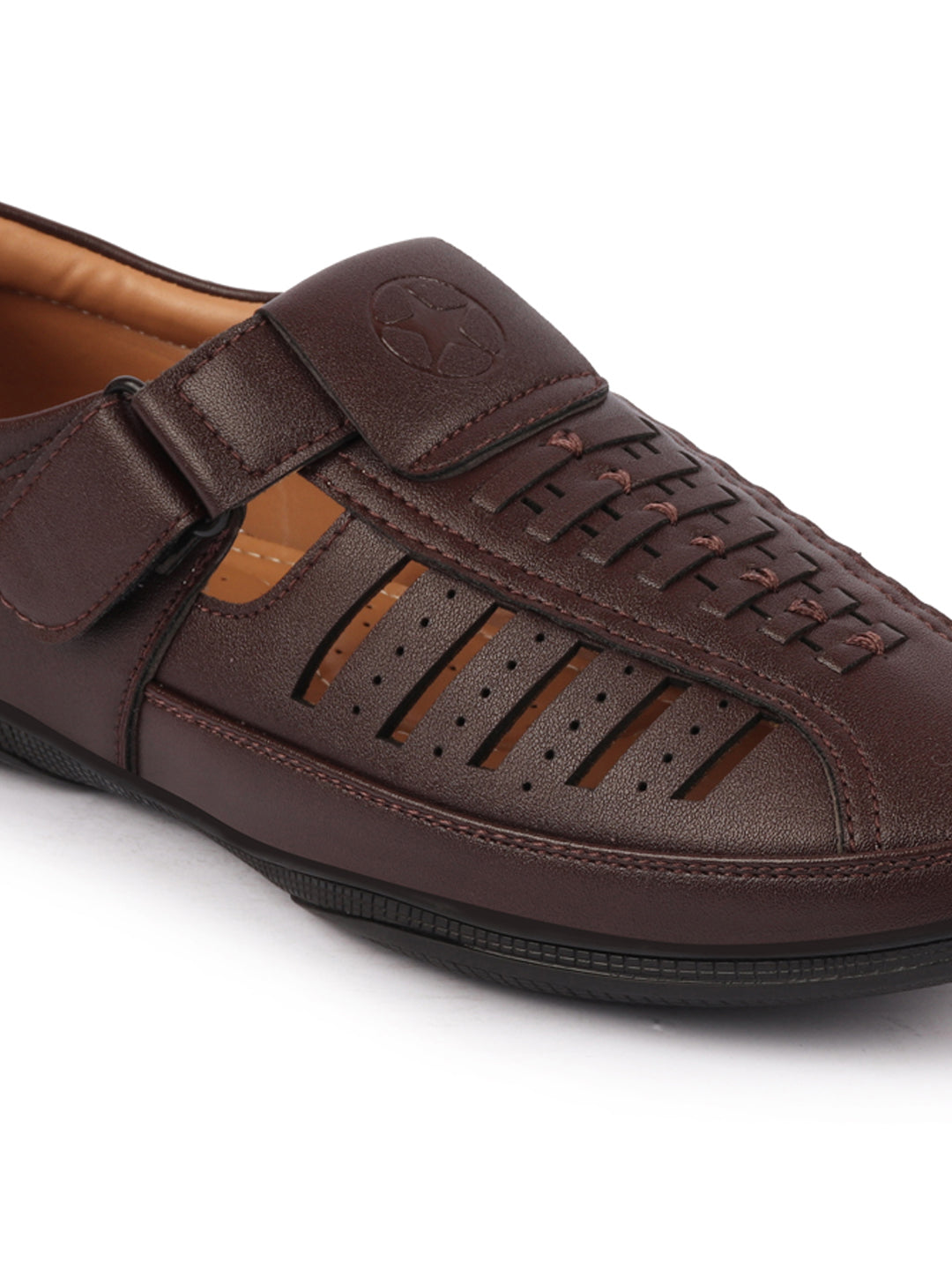 Shop Men Brown Laser Cut and Stitched Design Roman Sandal with Buckle Strap Online.