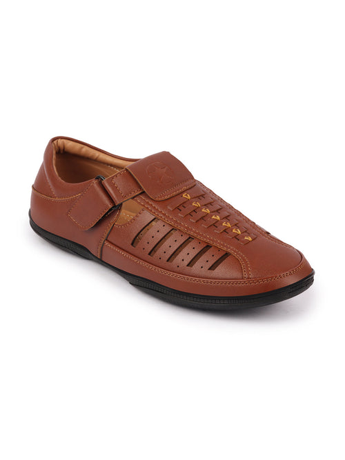 Shop Men Tan Laser Cut and Stitched Design Roman Sandal with Buckle Strap Online.