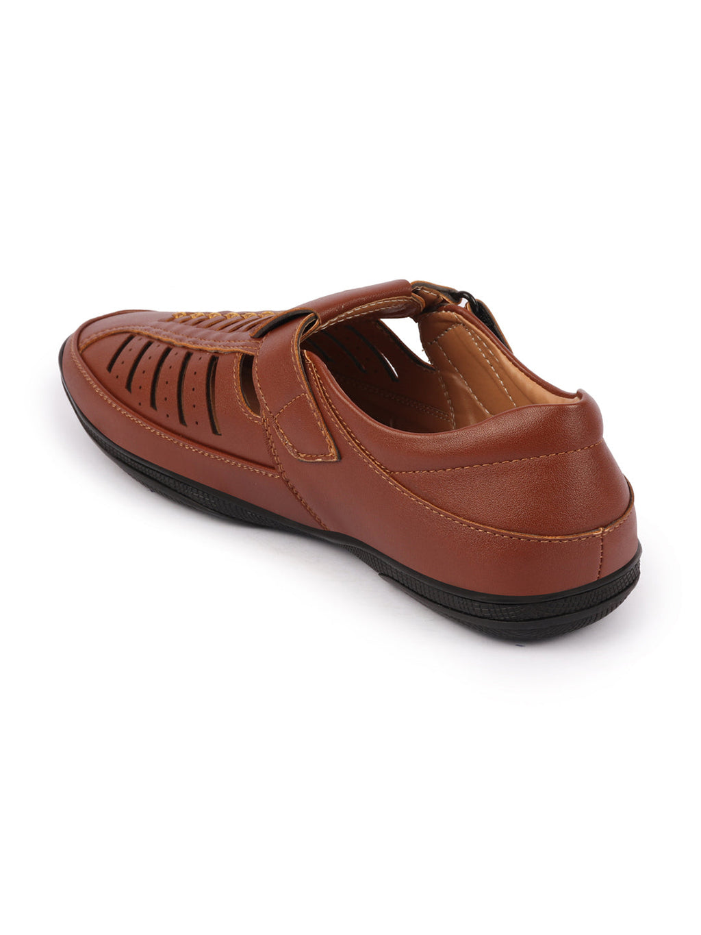 Shop Men Tan Laser Cut and Stitched Design Roman Sandal with Buckle Strap Online.