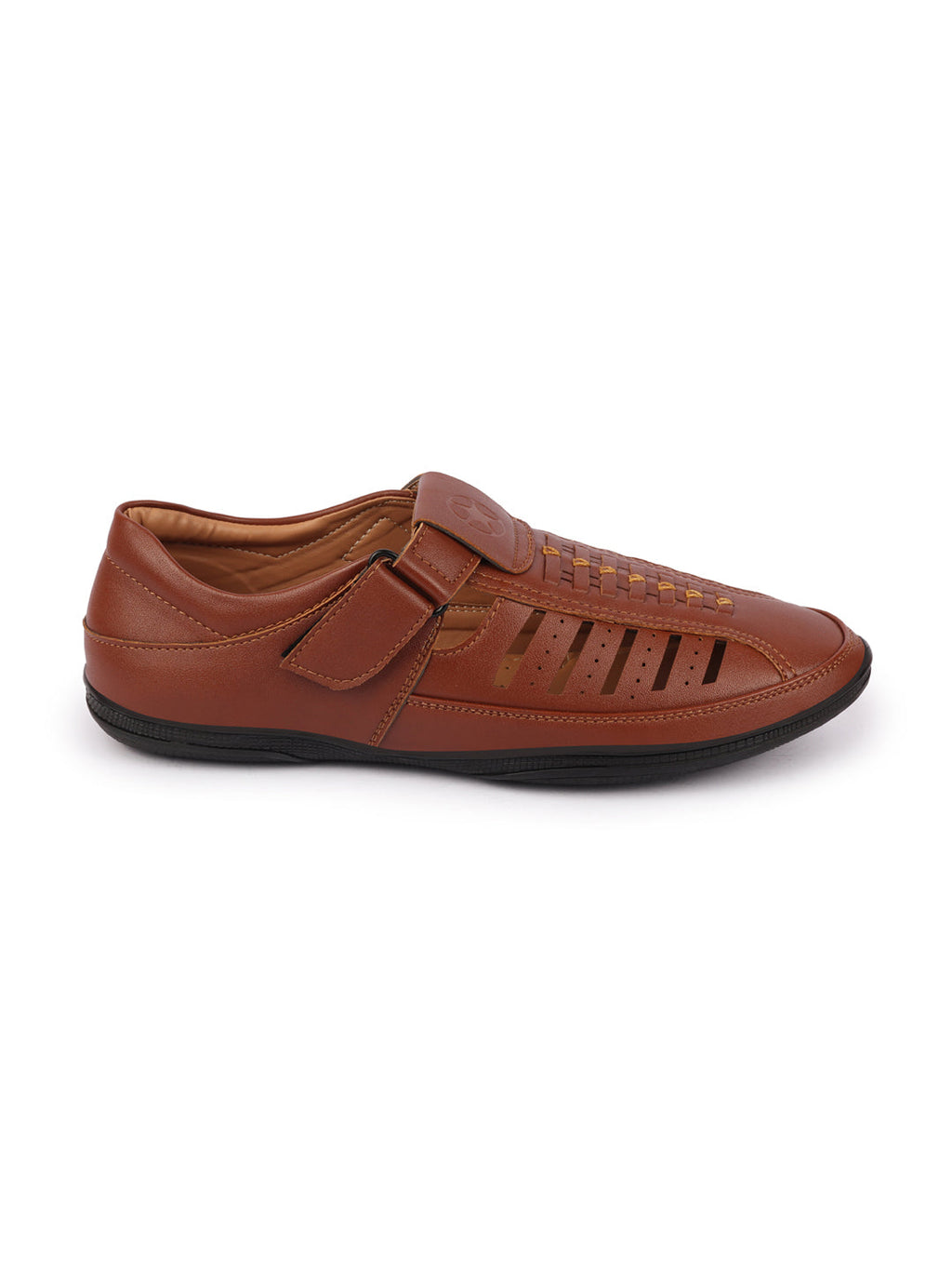 Shop Men Tan Laser Cut and Stitched Design Roman Sandal with Buckle Strap Online.