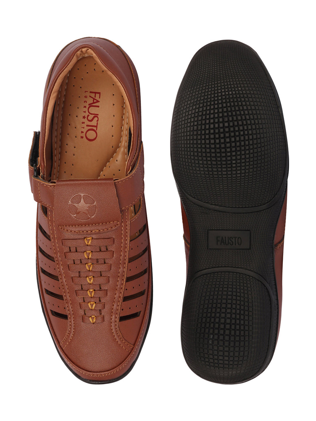 Shop Men Tan Laser Cut and Stitched Design Roman Sandal with Buckle Strap Online.