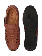 Shop Men Tan Laser Cut and Stitched Design Roman Sandal with Buckle Strap Online.