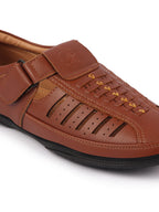 Shop Men Tan Laser Cut and Stitched Design Roman Sandal with Buckle Strap Online.