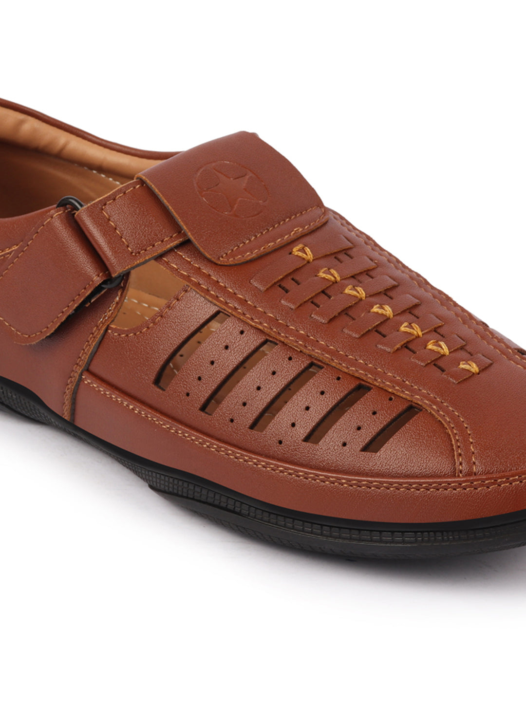 Shop Men Tan Laser Cut and Stitched Design Roman Sandal with Buckle Strap Online.
