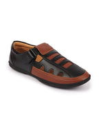 Shop Men Black Laser Cut Design Roman Sandal with Buckle Strap Online.