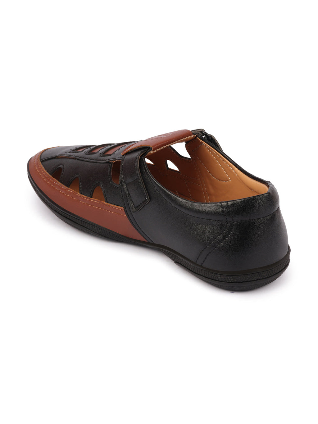 Shop Men Black Laser Cut Design Roman Sandal with Buckle Strap Online.