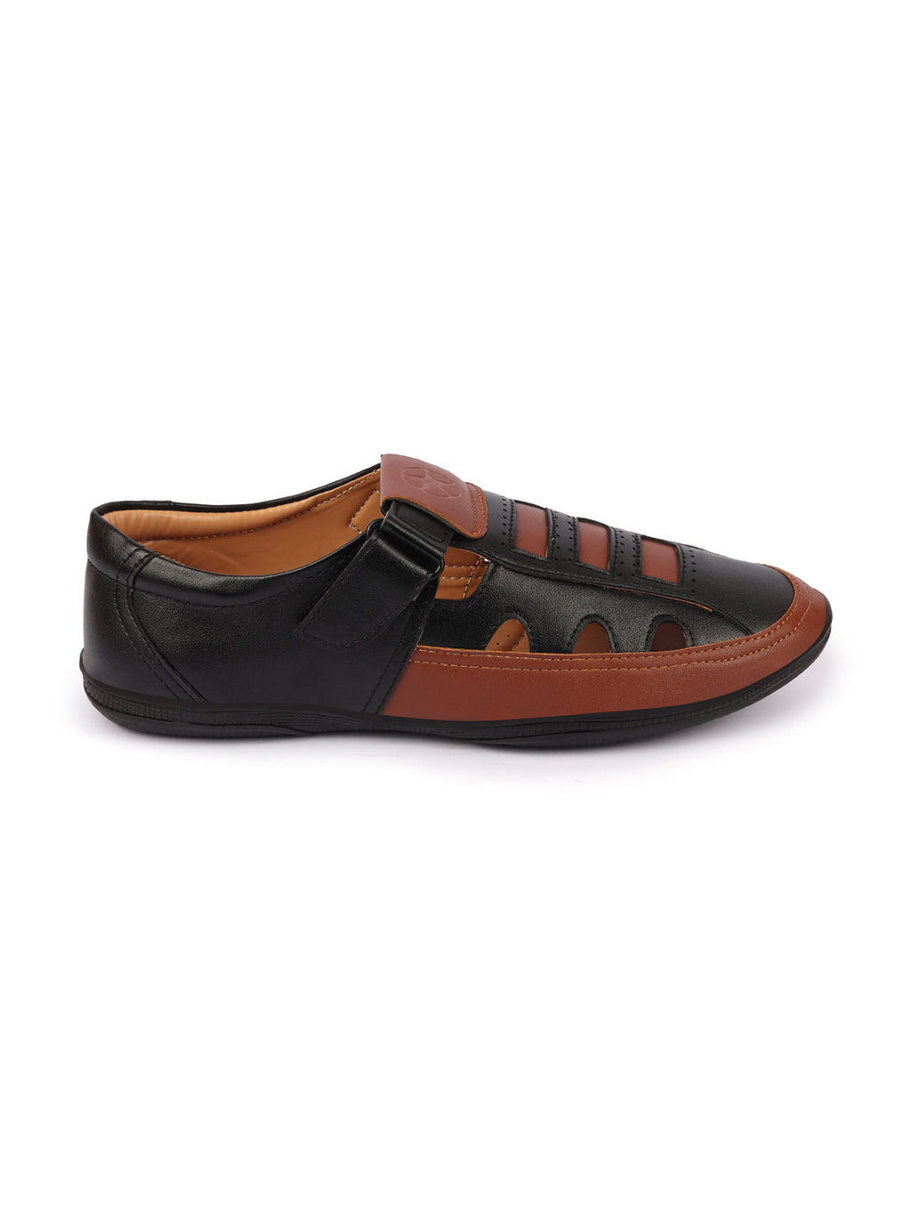 Shop Men Black Laser Cut Design Roman Sandal with Buckle Strap Online.