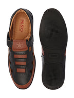Shop Men Black Laser Cut Design Roman Sandal with Buckle Strap Online.
