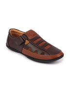 Shop Men Brown Laser Cut Design Roman Sandal with Buckle Strap Online.