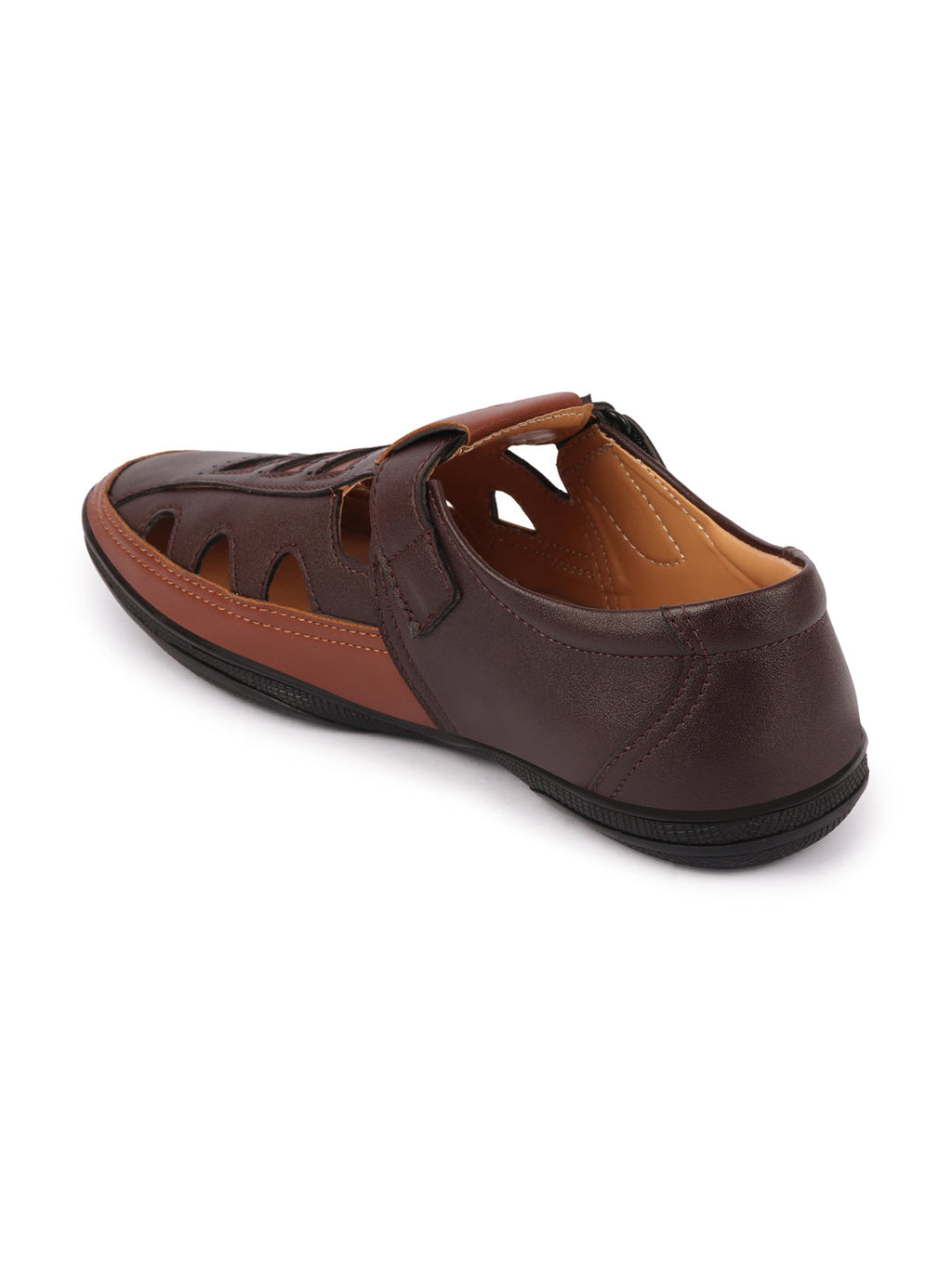 Shop Men Brown Laser Cut Design Roman Sandal with Buckle Strap Online.
