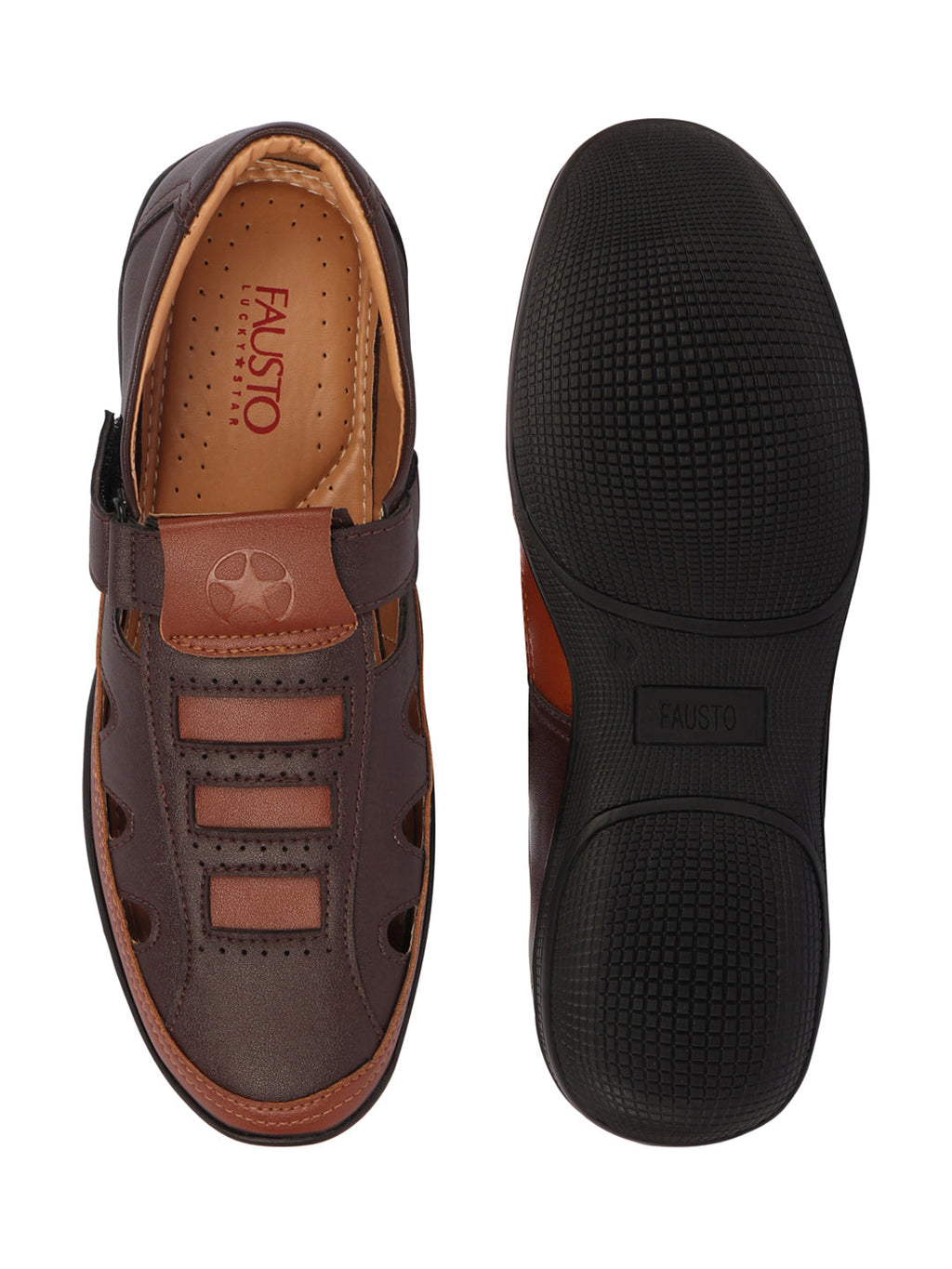 Shop Men Brown Laser Cut Design Roman Sandal with Buckle Strap Online.